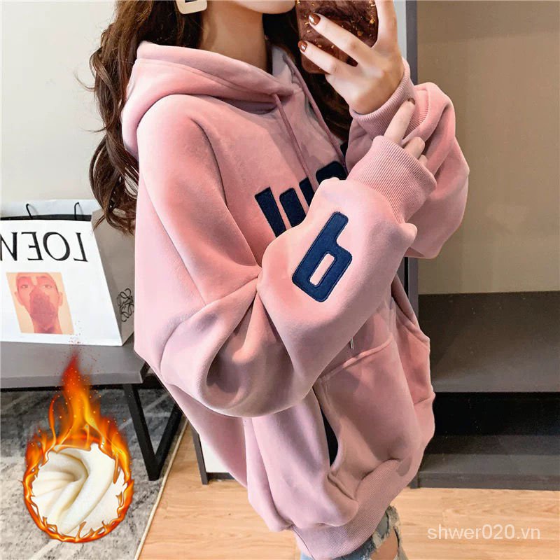Áo Sweater Có Mũ Trùm Hai Mặt Tay Dài Dáng Rộng Bằng Nhung Kích Thước Lớn Cho Nữ