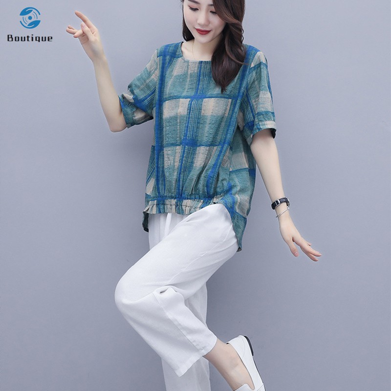  Women's Shirts Pants Suit Plaid Cotton Top Cotton Fabric Pants Fashion Casual Short Sleeve Summer Suit