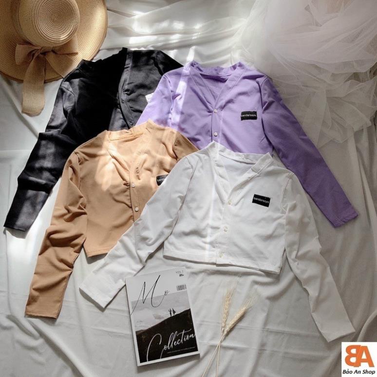 Áo croptop nữ tay dài cổ V phối cúc thêu logo chất vải thun Borip FreeSize dưới 53kg [Hàng Đẹp] | BigBuy360 - bigbuy360.vn