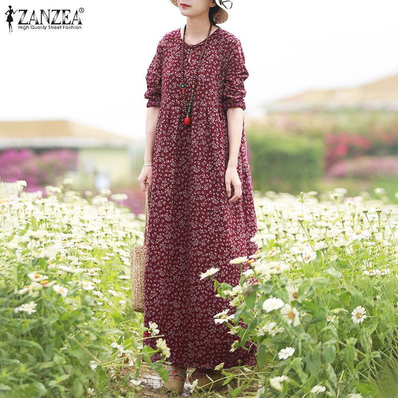 Đầm Maxi ZANZEA Tay Dài Họa Tiết Hoa Phong Cách Vintage Thời Trang Nữ