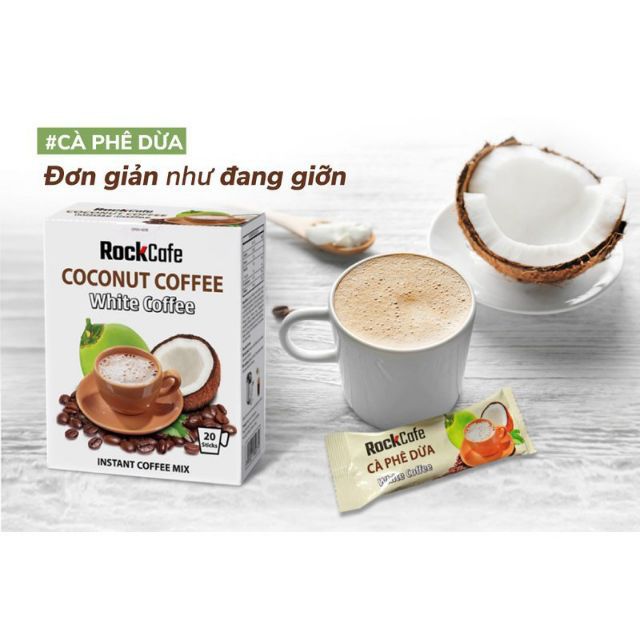 (date mới): cà phê DỪA ROCKCAFE/ CÀ PHÊ DỪA hòa tan/ Cafe Dừa/Coocnut cofee / hộp 240gr có 12 gói 20gr