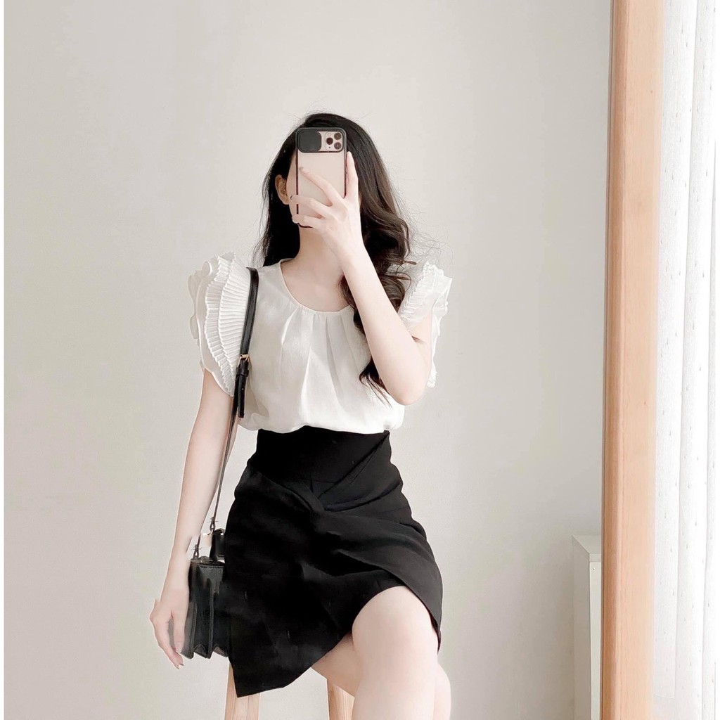 Set Sơ Mi Bèo Cánh Tiên Xếp Ly Mix Chân Váy Lệch