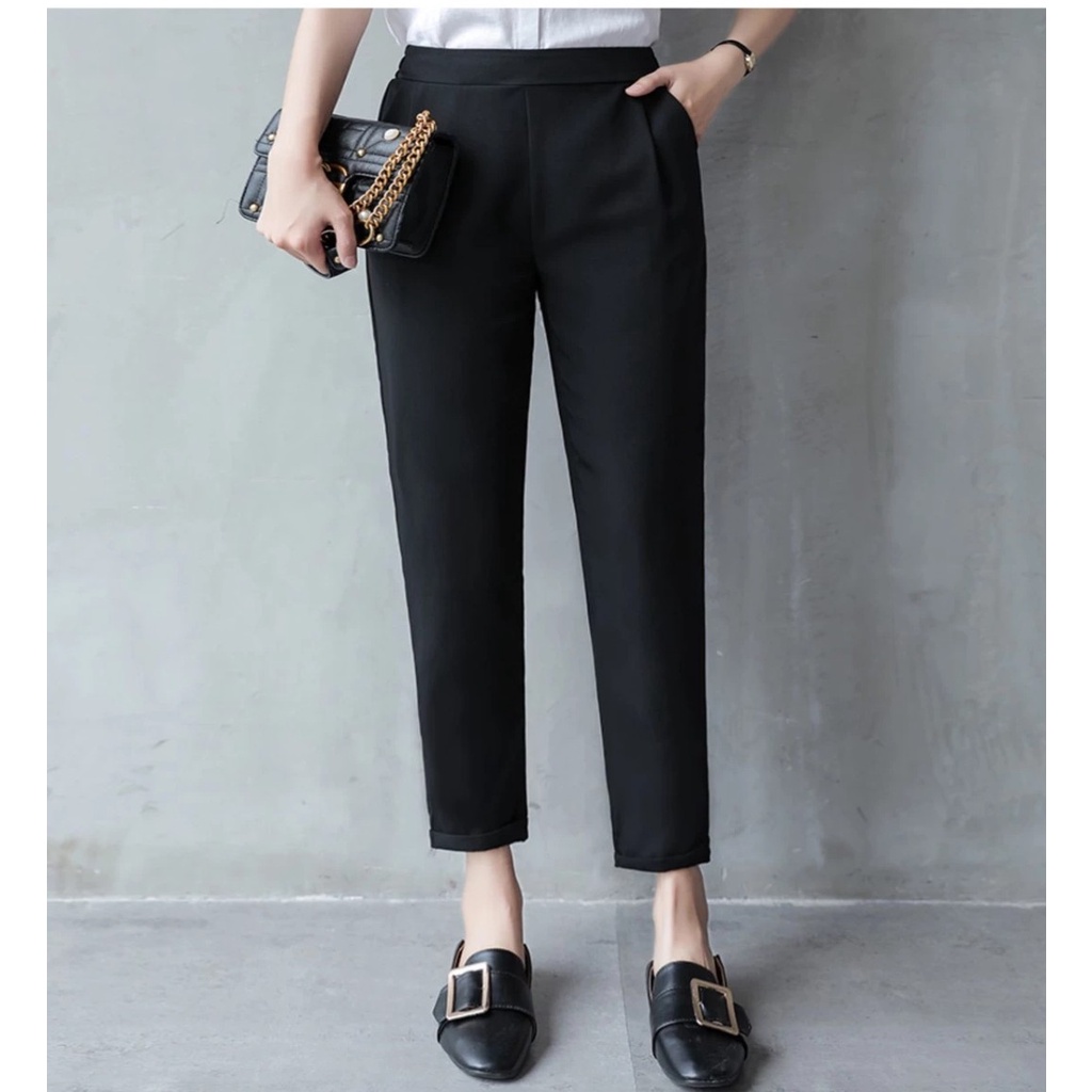 Quần Baggy nữ công sở cạp chun chất vải tuyết mưa mềm - Kiểu Quần tây bigsize nữ lưng cao màu đen mặc Đi làm - đi học