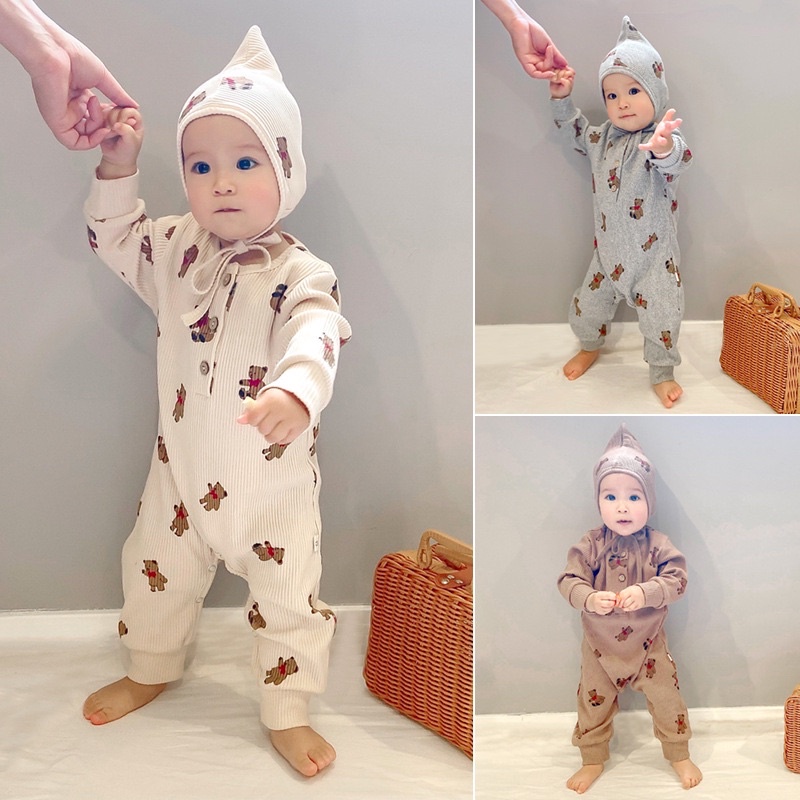 Bodysuit Dài Tay Kèm Mũ Cotton Sơ Sinh Quảng Châu Cao Cấp Cho Bé 0-12 Tháng Tuổi. Style Gấu Hàn Quốc Cực Đẹp Mẫu Mới