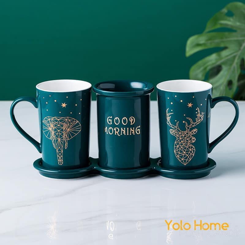 Set cốc đánh răng ☘𝘾𝘼𝙊 𝘾𝘼̂́𝙋☘ set cốc đánh răng sứ cao cấp có khay đựng