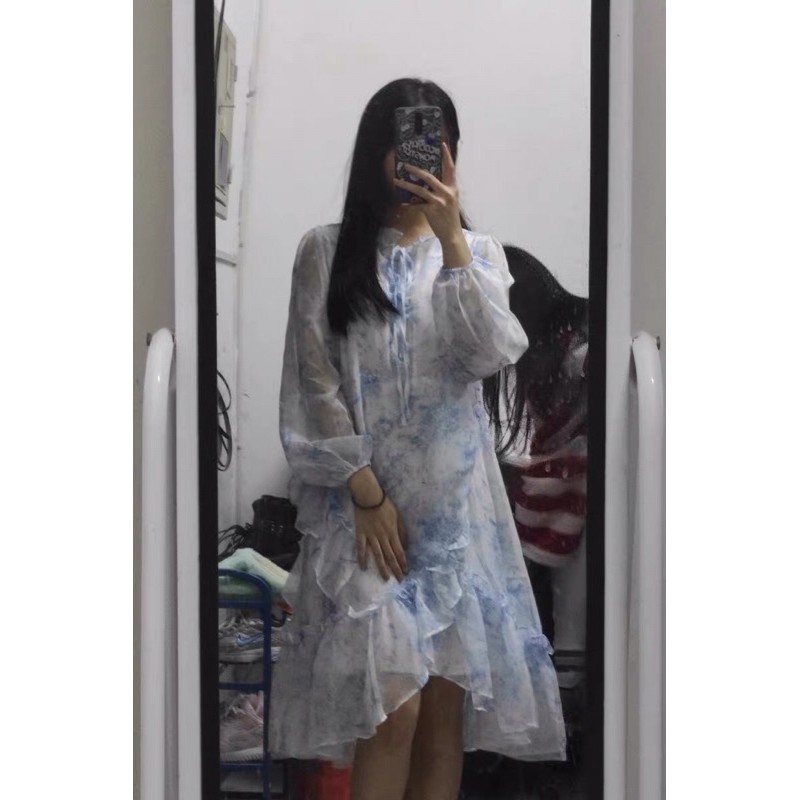 Váy trắng voan hoa nhí xanh da trời đuôi cá dáng dài Ulzzang