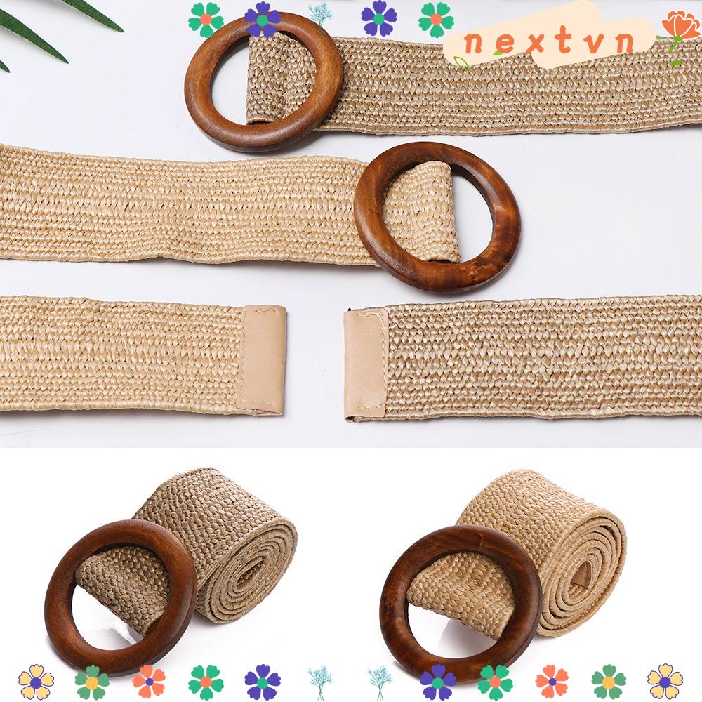 Thắt lưng cói PP bảng rộng phối khóa gỗ tròn thời trang làm phụ kiện cho đầm/áo sơ mi