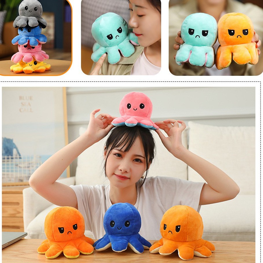 10 cm Dễ thương màu hai mặt bạch tuộc Gối có thể đảo ngược cảm xúc Bạch tuộc nhồi bông