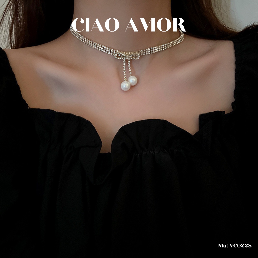 Dây chuyền nữ, vòng cổ, chocker đá 3 lớp đính nơ ngọc Trang sức Ciao Amor - VC0228