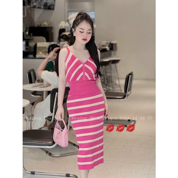 Set Váy Len Hai Dây Kẻ Màu Hồng Pink Cực Yêu Luôn, Len dày loại một V065