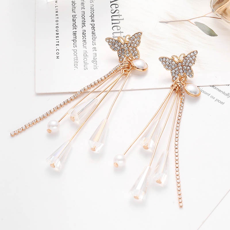 Bông Tai Dáng Dài Phối Tua Rua Hình Bướm Phong Cách Cổ Điển Thời Trang Dự Tiệc Cưới