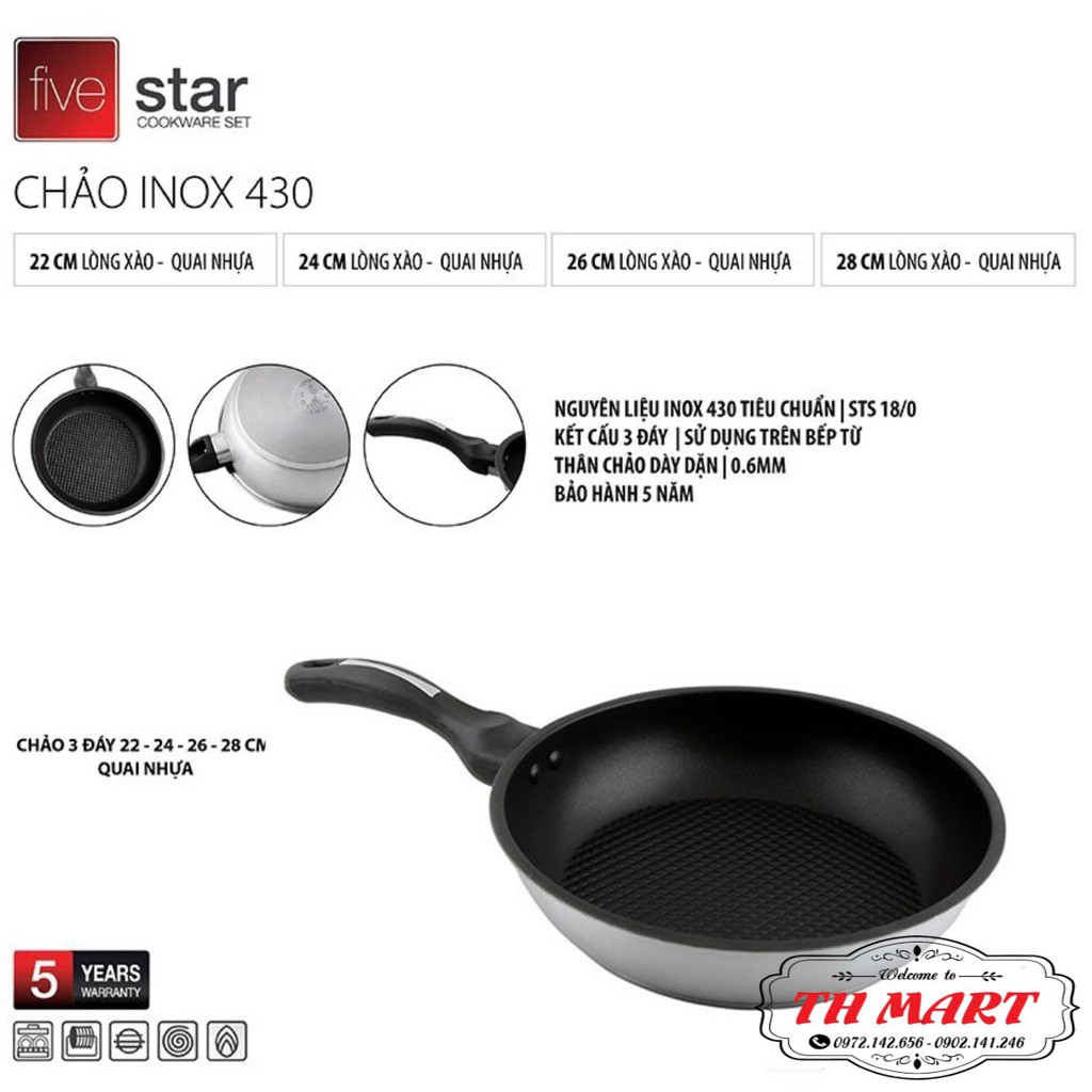 chảo chống dính bếp từ 3 đáy inox 430 cao cấp fivestar siêu bền đẹp (dùng cho mọi loại bếp )