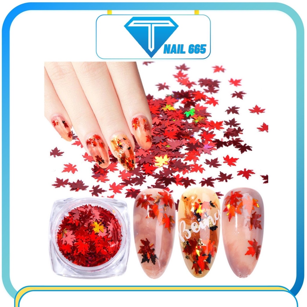 Sét phụ kiện trang trí móng nail hình lá phong 3d , Phụ kiện ẩn gel móng nail hoa bướm lá sét 12 hũ