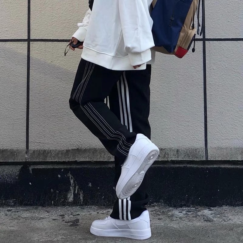 【ZHELIHANGFEI】Quần Dài Lưng Cao Ống Rộng Họa Tiết Kẻ Sọc Phong Cách Mỹ