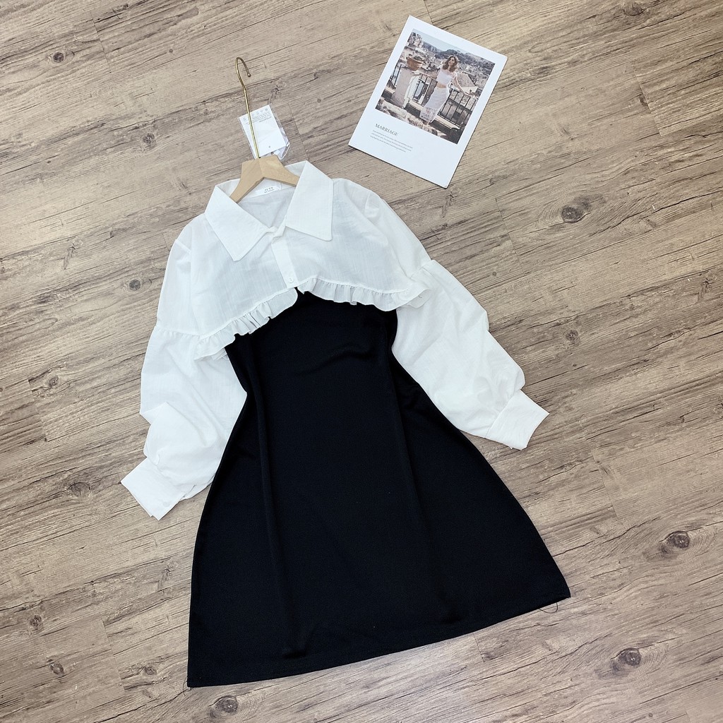 Set váy áo croptop áo sơ mi nữ bèo trắng dài tay mix váy 2 dây body đầm xòe công sở thời trang nữ LD003