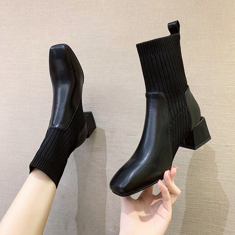 CÓ SẴN SIZE 37 ĐEN T32 Boot cổ cao phối chất len và chất da mềm thời trang