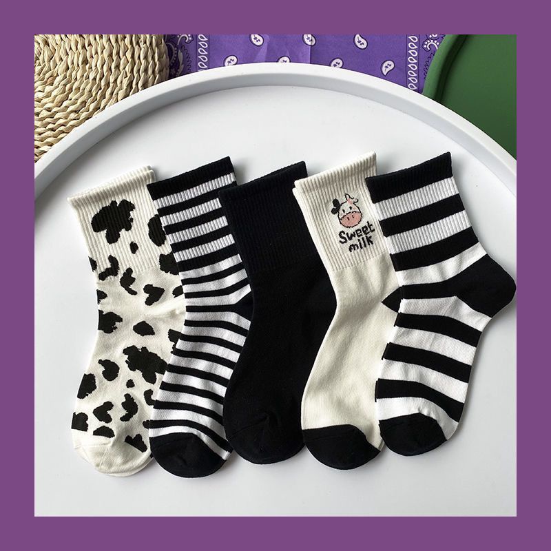 1 đôi vớ dài ngang bắp chân họa tiết sọc trắng đen thời trang xuân thu cho nữ