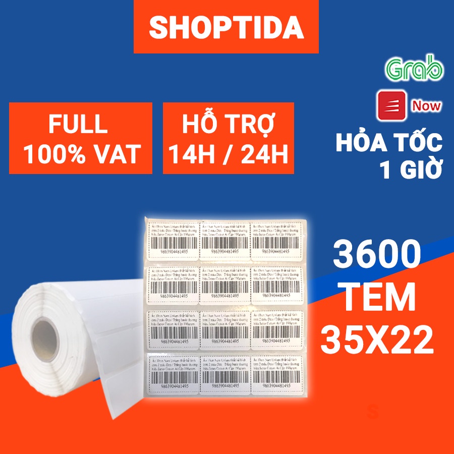 Tem in nhiệt Shoptida loại 3600 tem 35*22mm in minicode, barcode, 3 tem 1 hàng, sử dụng cho máy in nhiệt Shoptida SP4