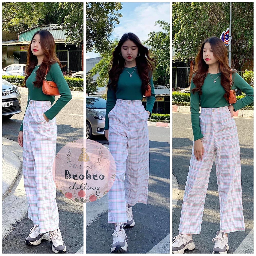 Set áo thun xanh tay dài kèm quần suông kẻ sọc pastel ulzzang