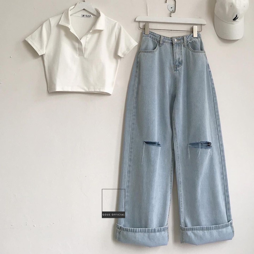 Quần Jean Nữ Form Rộng Quần Bò Thiết Kế Dáng Suông Ống Đứng Rách Gối Cá Tính Năng Động BYKO Màu Xanh 2682 GOUS OFFICIAL