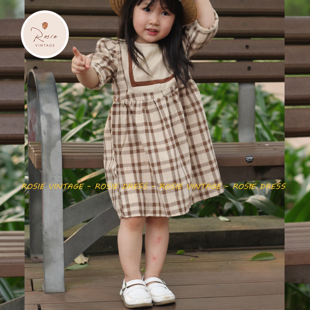 Váy kẻ phối ROSIE V25, chất vải mềm thoáng mát cho bé gái từ 9 - 36kg