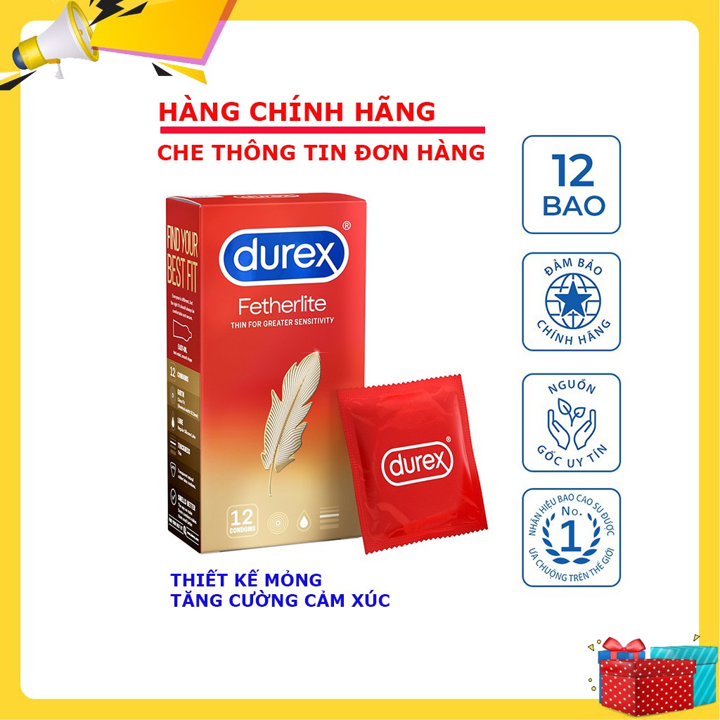 bao cao su durex fertherlite, bao cao su siêu mỏng nhiều gel bôi trơn, mang lại cảm giác thật hộp 12 bao, tăng hộp 3 khi