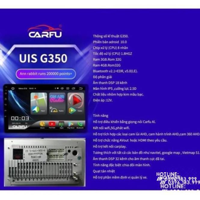 Màn Hình Android CARFU G350 RAM 4gb/32gb chip 8x căm Sim 4G/5G full tính năng bản quyền chính hãng