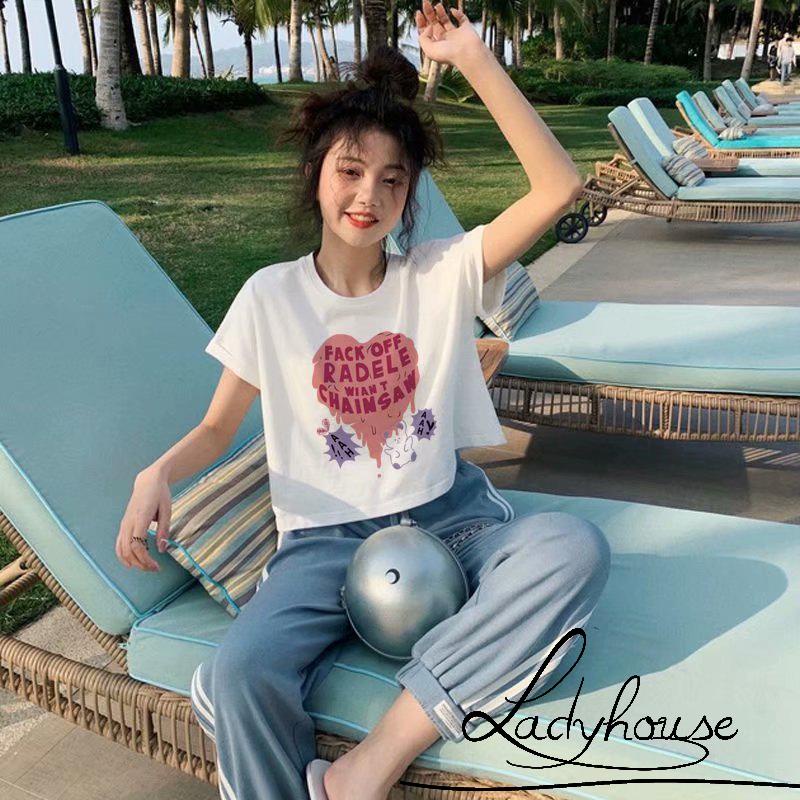 Áo Thun Nữ Ngắn Tay Cổ Tròn In Chữ Và Gấu Màu Trắng/Đen Thời Trang Mùa Hè