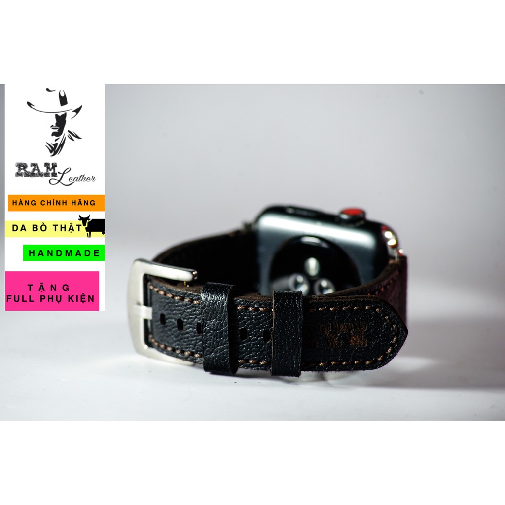 Dây đồng hồ Apple Watch , Iwatch , Iphone Watch Da Dê Đen Vân Alran RAM Leather 1955  Bền Đẹp
