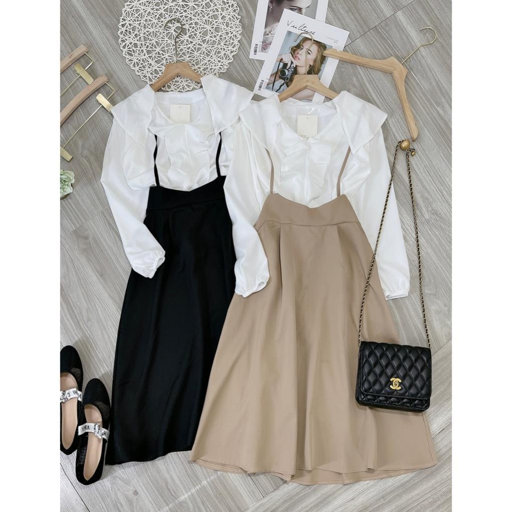 SET YẾM CHÂN VÁY DÀI MAXI XÒE MIX ÁO SƠ MI CỔ BÈO DÀI TAY ĐIỆU ĐÀ SIÊU XINH XẮN LoV