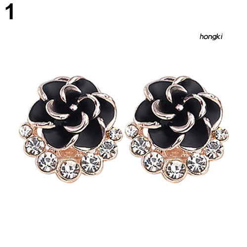 Bông tai hợp kim hình hoa trà đính đá lấp lánh