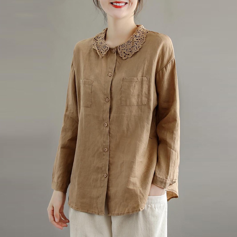 Ice lace lapel collar blouse cotton linen long-sleeved shirt Italian export tailor cut label female clearance