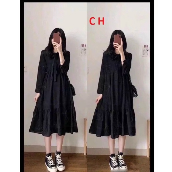 Đầm Babydoll Đuôi Cá Cổ Nơ Váy Nữ Trơn Tay Bồng 2 Màu Đen; Trắng🎀Maxi dáng dài Vintage Hot Trend