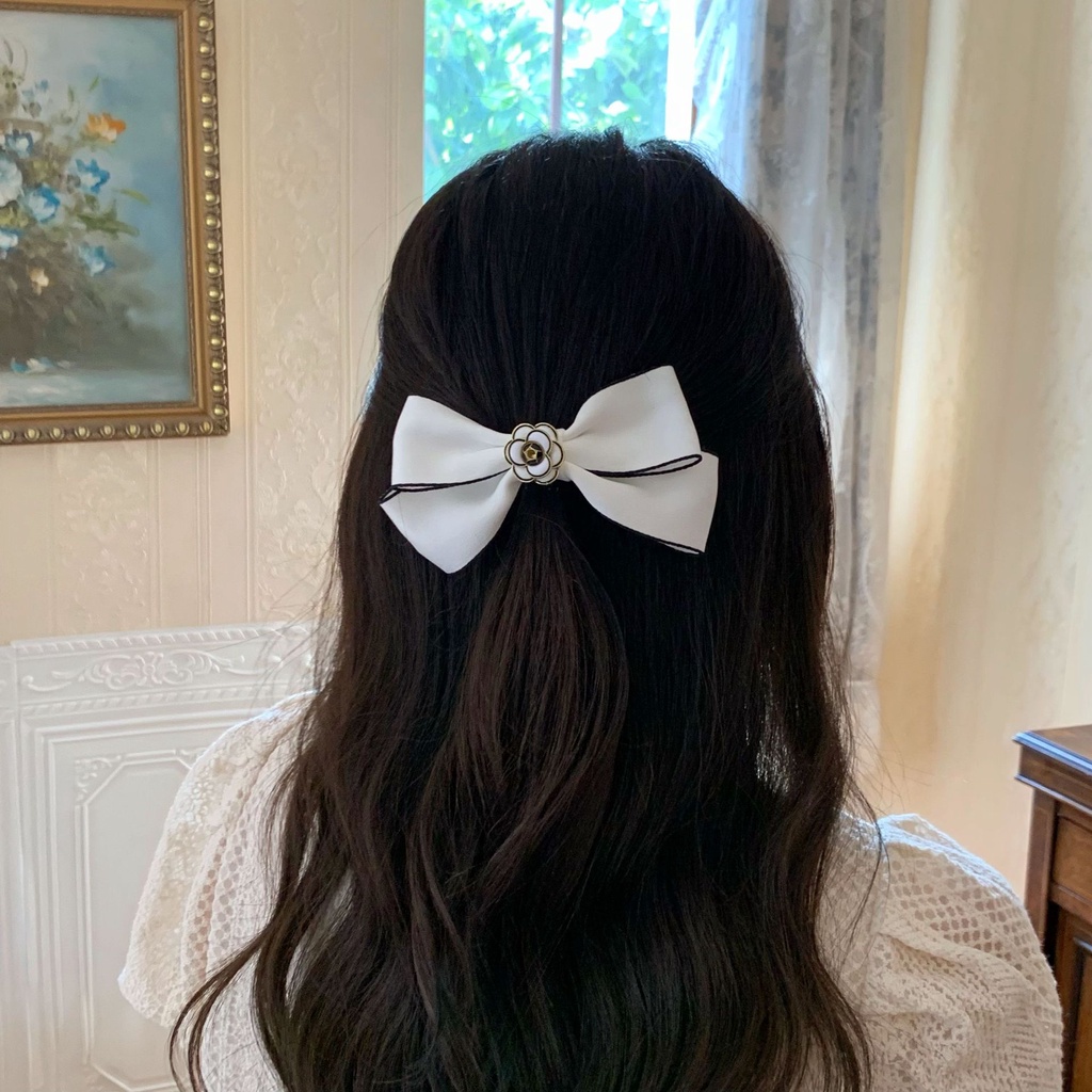 Kẹp Tóc Hình Nơ Hoa Trà Đen Trắng Phong Cách Retro Mùa Xuân Mới