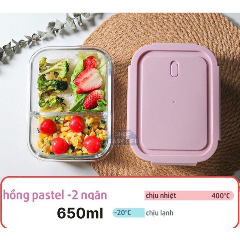 Hộp Thuỷ Tinh 650ml 2 Ngăn Chữ Nhật - Chịu Nhiệt, Nắp Chống Tràn - Hộp Đựng Cơm Văn Phòng Cao Cấp
