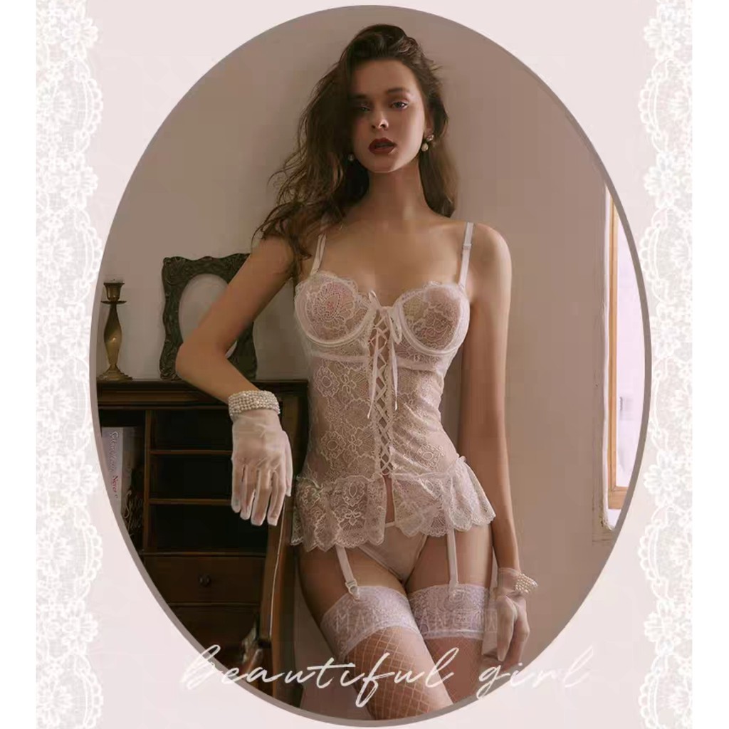[Kèm tất đùi cosplay] Đồ ngủ cosplay sexy ren cup ngực đan dây kèm kẹp bấm tất - Đồ ngủ gợi cảm kèm chip T | BigBuy360 - bigbuy360.vn