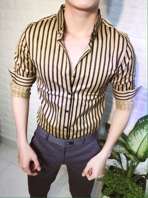 Sơ mi lụa sọc màu vàng đồng sang trọng