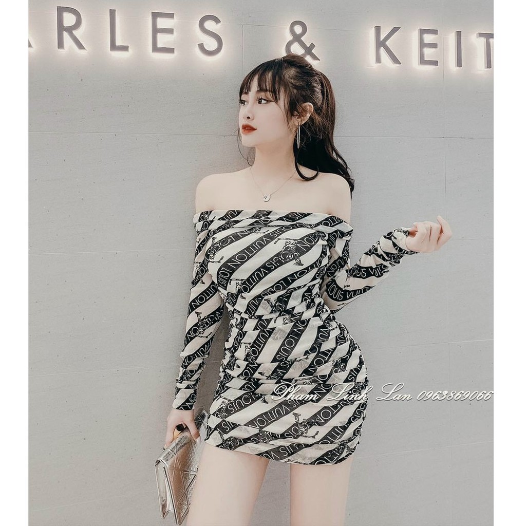 Đầm body trễ vai tay dài hoạ tiết kèm mút