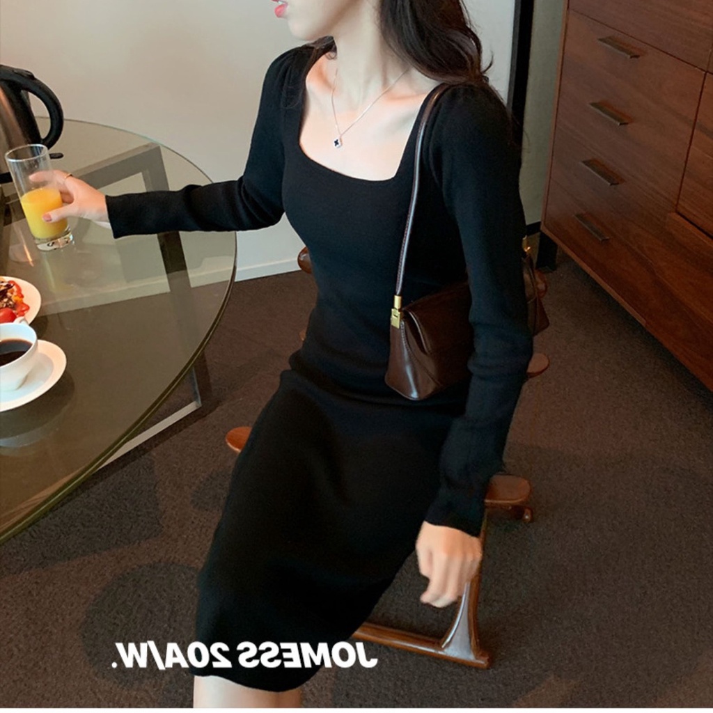 Đầm Dệt Kim Cổ Vuông Dáng Ôm Xẻ Tà Thời Trang Mùa Thu Cho Nữ