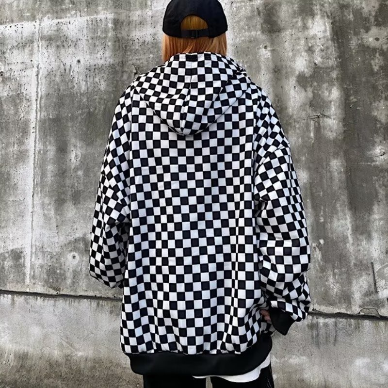 Áo hoodie bàn cờ tay dài dáng rộng lưới đen trắng họa tiết phong cách hàn quốc thời trang cho nam nữ thời trang áo pull bigsize unisex