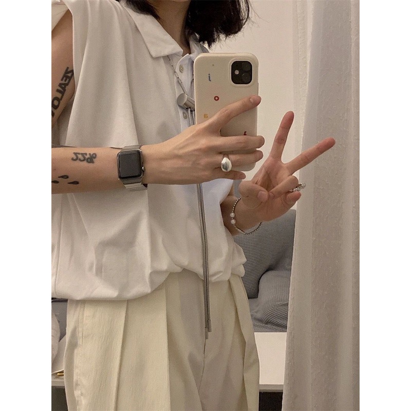 Áo Thun Sát Nách Cổ Polo Màu Sắc Đơn Giản Phong Cách retro Mỹ Cho Nữ