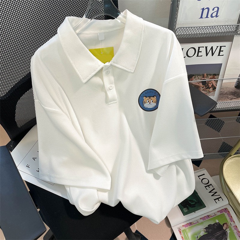 Set đồ nam nữ form rộng unisex, áo polo cúc cài thêu logo mèo kèm quần short đùi chất liệu cotton tổ ong