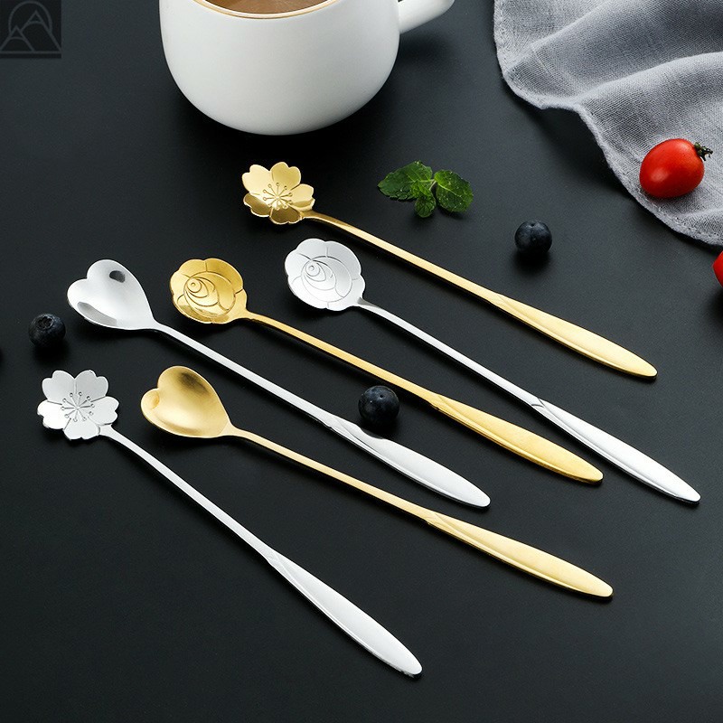 Muỗng Trộn Cà Phê/ Ăn Tráng Miệng Bằng Thép Không Gỉ Tay Cầm Dài Họa Tiết Dễ Thương Phong Cách Hàn Quốc