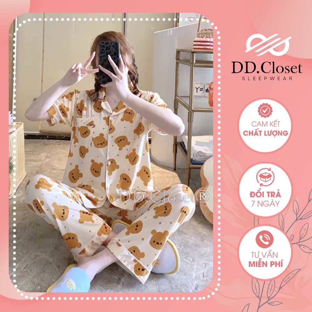Bộ đồ ngủ pijama nữ cộc tay quần dài chất lụa Kate Thái mềm mịn màu trắng viền hình đầu gấu nâu siêu đáng yêu - CD0075