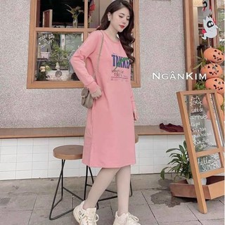váy suông nữ dài tay in chữ TAKKE chất cotton 3 màu xinh xắn