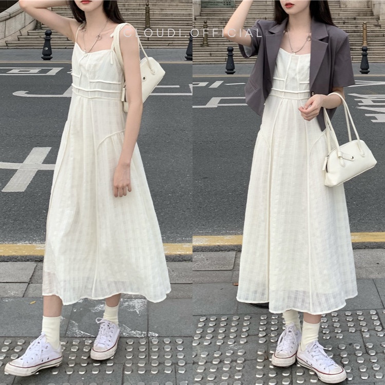 Đầm Nữ 2 Dây Buộc Nơ Dáng Xòe Màu Trắng Chất CHIFFON Cao Cấp Mẫu Mới 2021