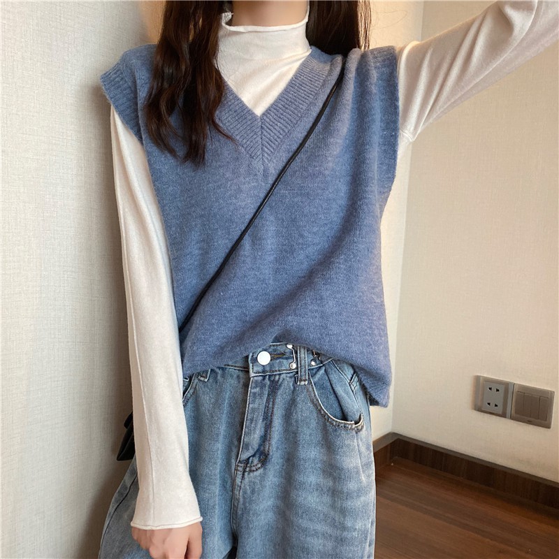 Áo khoác len không tay cổ chữ V xinh xắn thời trang | BigBuy360 - bigbuy360.vn