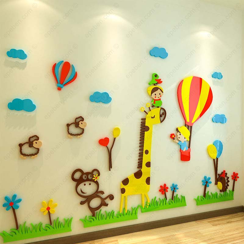 Tranh dán tường mica 3d decor khổ lớn khinh khí cầu hươu cao cổ và bé trang trí mầm non, phòng bé Nhiều Size - EPeBen