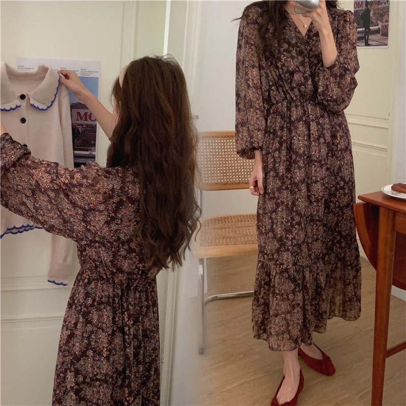 Đầm voan Peppermint họa tiết hoa tay dài phong cách retro thời trang cho nữ 55568