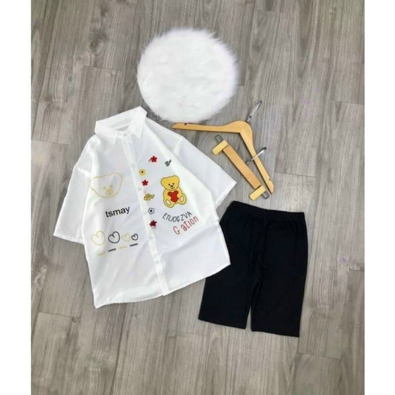 Áo sơ mi phôm rộng tay lỡ in hình anh gấu dễ thương 🐻🐻🐻🐻